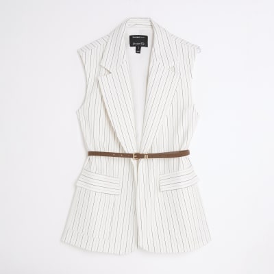 Cream Stripe Belted Sleeveless Waistcoat