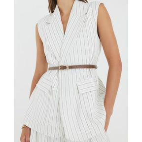Cream Stripe Belted Sleeveless Waistcoat