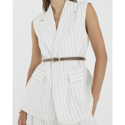 Cream Stripe Belted Sleeveless Waistcoat