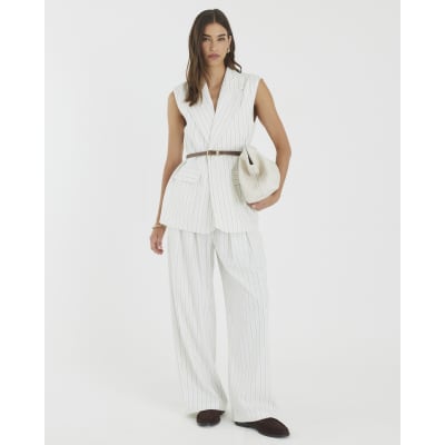 Cream Stripe Belted Sleeveless Waistcoat