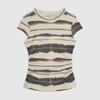Cream Stripe Ruched Hem T-Shirt
