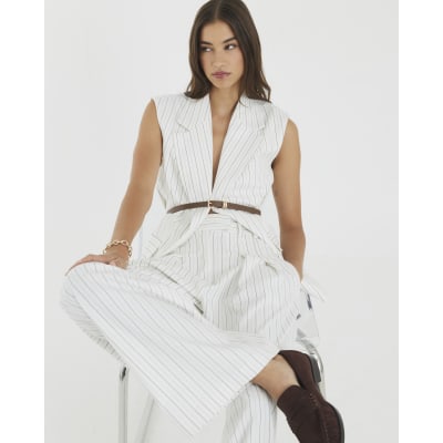 Cream Stripe Wide Leg Trousers