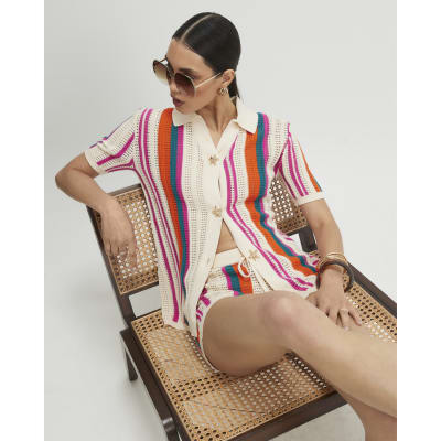 Cream Striped Crochet Shirt