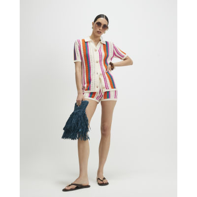 Cream Striped Crochet Shirt