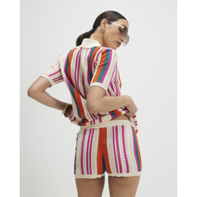 Cream Striped Crochet Shorts