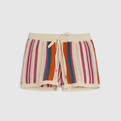 Cream Striped Crochet Shorts