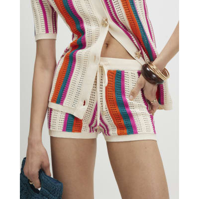 Cream Striped Crochet Shorts