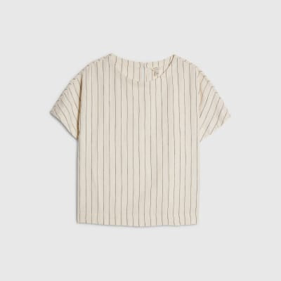 Cream Striped Linen Blend T-Shirt