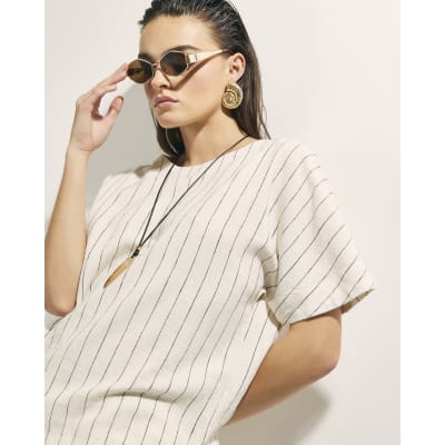 Cream Striped Linen Blend T-Shirt
