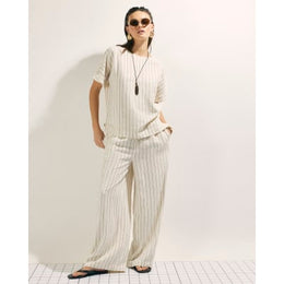 Cream Striped Linen Blend T-Shirt