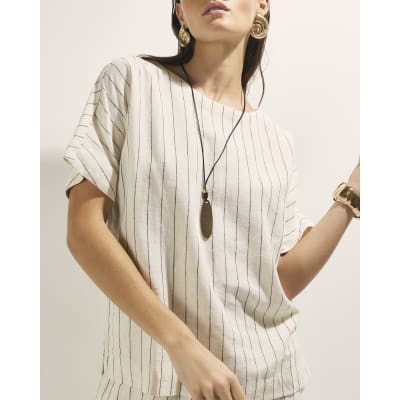 Cream Striped Linen Blend T-Shirt