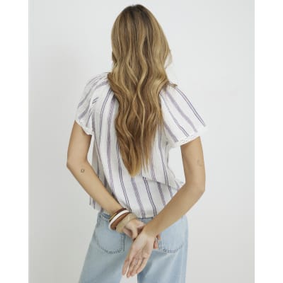 Cream Striped Short Sleeve Frill Top