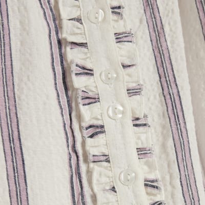 Cream Striped Short Sleeve Frill Top