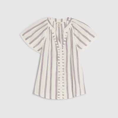 Cream Striped Short Sleeve Frill Top