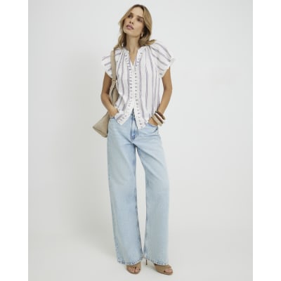 Cream Striped Short Sleeve Frill Top