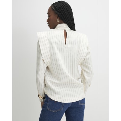 Cream Striped Tie Neck Blouse