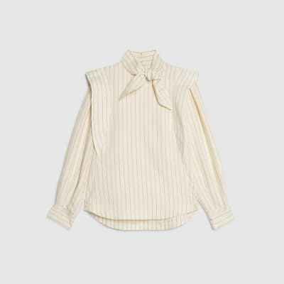 Cream Striped Tie Neck Blouse