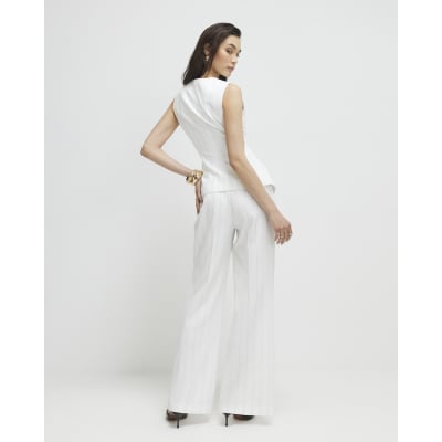 Cream Striped Wide Leg Trousers
