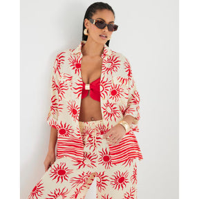 Cream Sun Print Oversized Beach Shirt