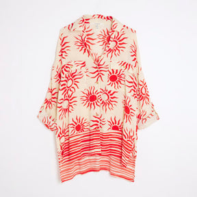 Cream Sun Print Oversized Beach Shirt