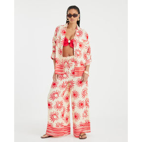 Cream Sun Print Oversized Beach Shirt