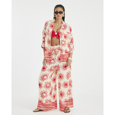Cream Sun Print Oversized Beach Shirt