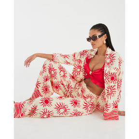 Cream Sun Print Wide Leg Beach Trousers