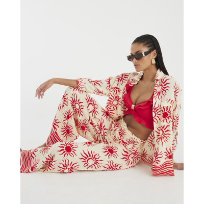 Cream Sun Print Wide Leg Beach Trousers