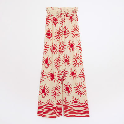 Cream Sun Print Wide Leg Beach Trousers