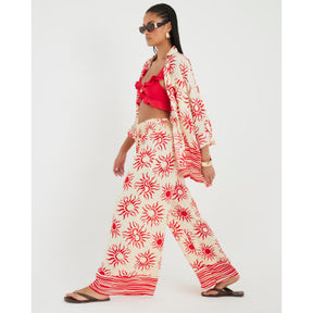 Cream Sun Print Wide Leg Beach Trousers