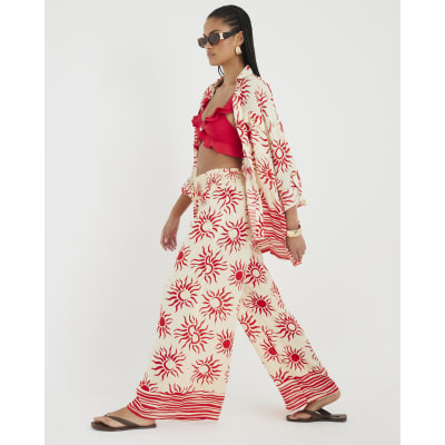 Cream Sun Print Wide Leg Beach Trousers