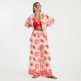 Cream Sun Print Wide Leg Beach Trousers
