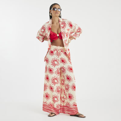 Cream Sun Print Wide Leg Beach Trousers