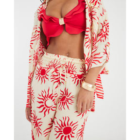 Cream Sun Print Wide Leg Beach Trousers