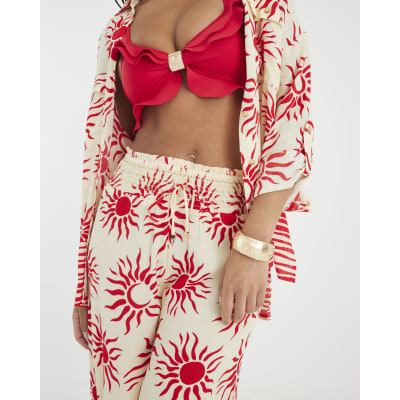 Cream Sun Print Wide Leg Beach Trousers