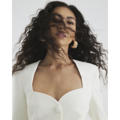 Cream Sweetheart Neckline Blazer