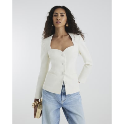 Cream Sweetheart Neckline Blazer