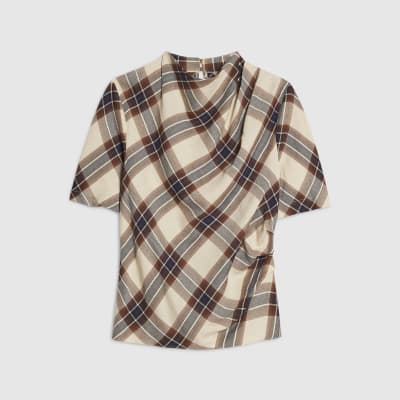 Cream Tartan Print Short Sleeve Top
