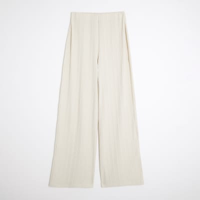 Cream Textured Wide Leg Trousers