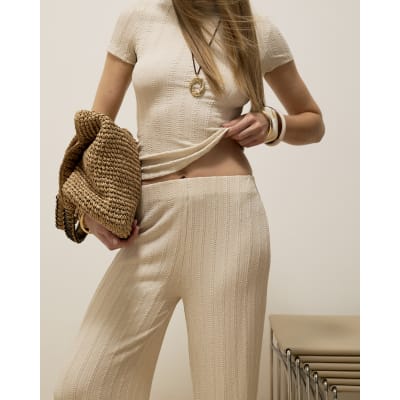 Cream Textured Wide Leg Trousers