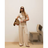 Cream Textured Wide Leg Trousers