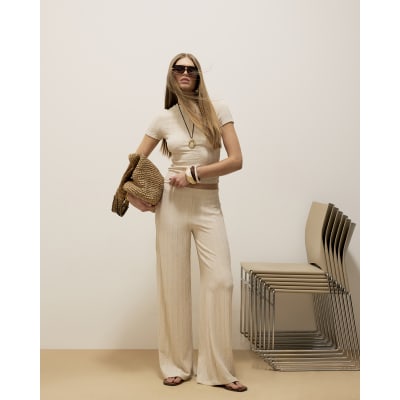 Cream Textured Wide Leg Trousers