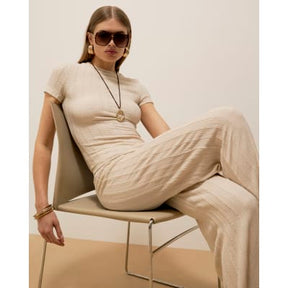 Cream Textured Wide Leg Trousers