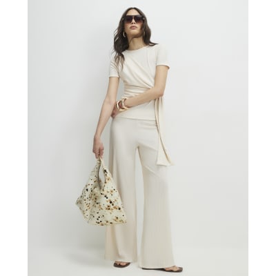Cream Textured Wide Leg Trousers