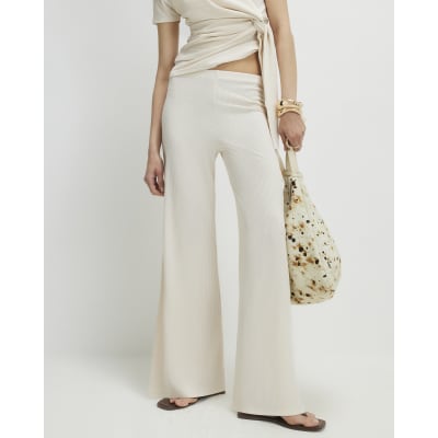 Cream Textured Wide Leg Trousers