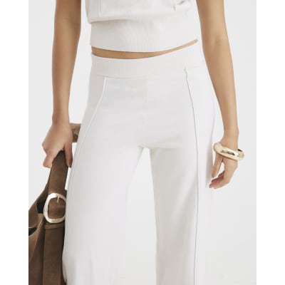 Cream Wide leg Seamed Knitted Trousers
