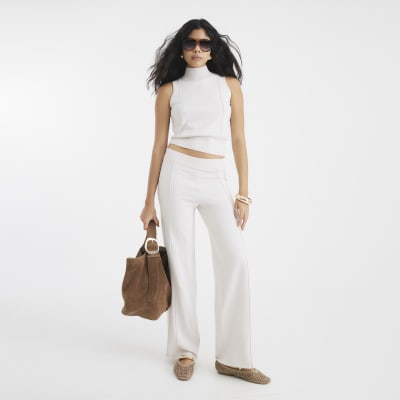 Cream Wide leg Seamed Knitted Trousers