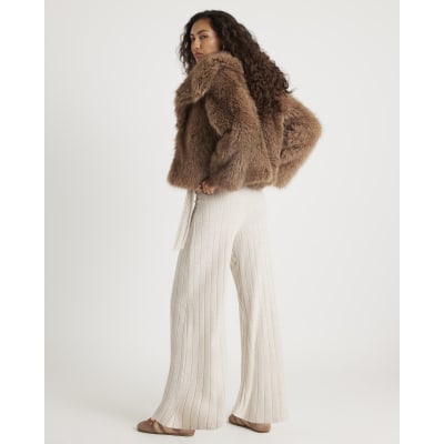 Cream Wide Ribbed Trousers