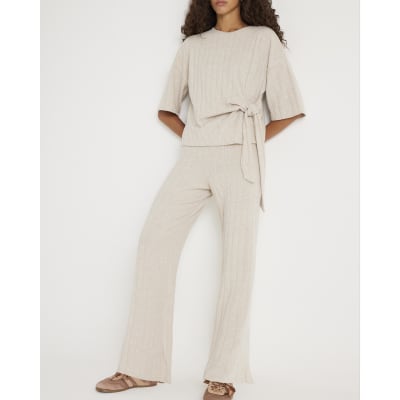 Cream Wide Ribbed Trousers