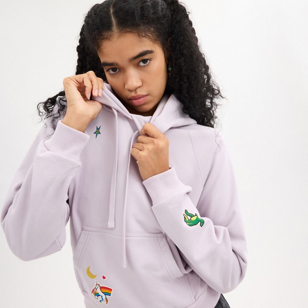 Shrunken Raglan Hoodie With Sticker Patches